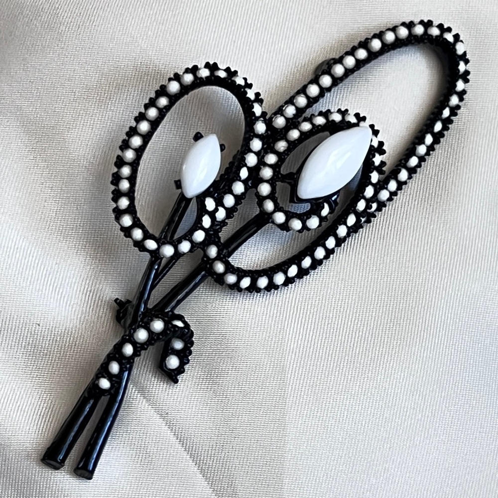 Deadstock VTG ART Signed Black White Milk Glass Japanned Floral Brooch 3.5”